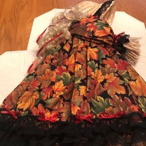 Hand Made Broom Doll Girl Dressed Fall Leaf Dress Costume with Black Lace Trim